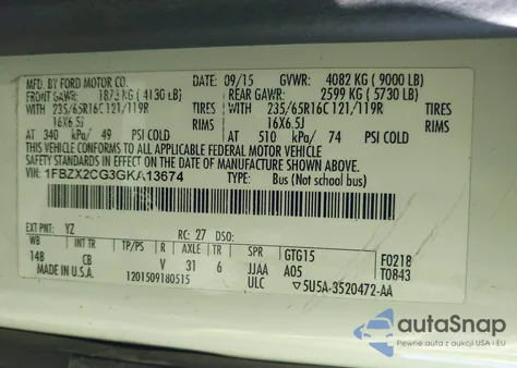 2016 Ford Transit-350 Xlt из США, поврежденный, VIN 1FBZX2CG3GKA13674